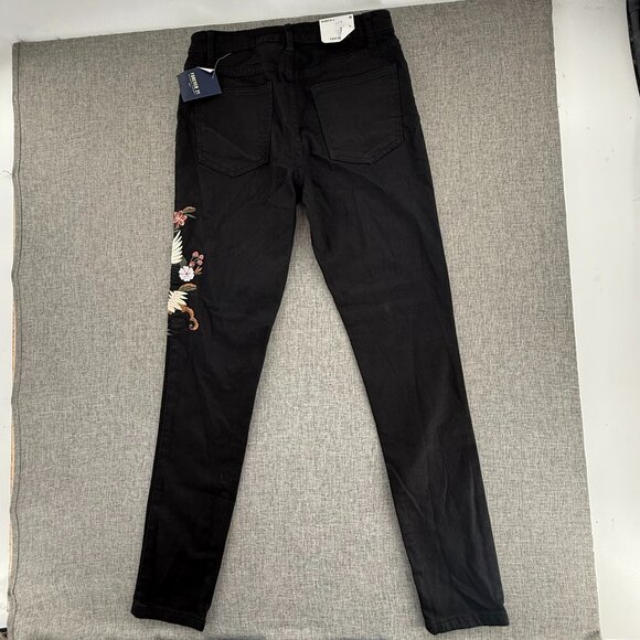 New! Forever 21 Black Skinny Jeans Embroidered Flowers & Bird High Rise 26 Waist - Picture 13 of 14